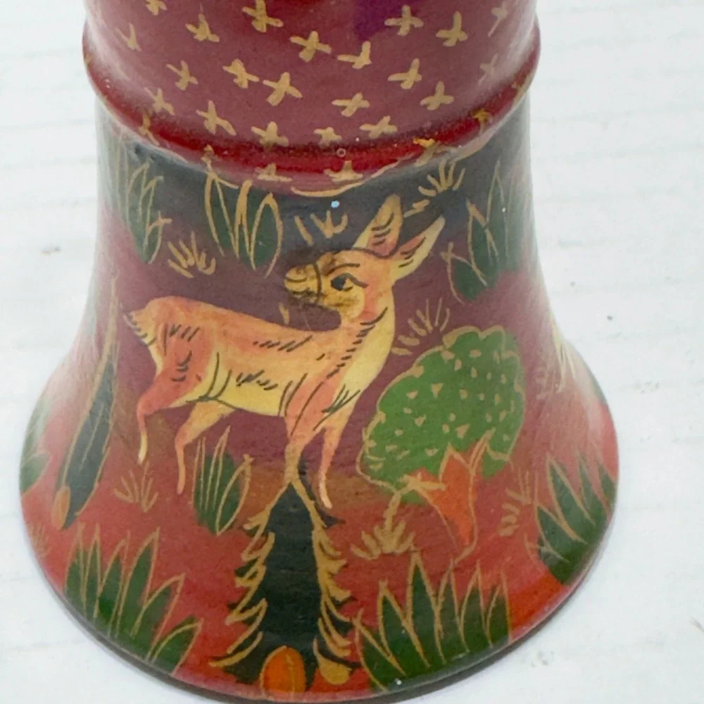 Hand Painted PapierMache Bell Ornament Red Gold Deer Woodland Scene Tassel 2.75